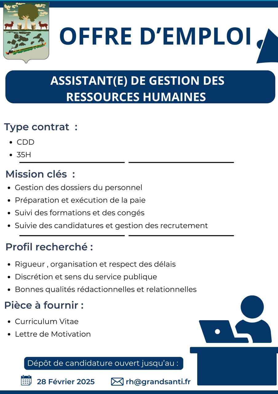La mairie de Grand-Santi recrute un(e) assistant(e) de gestion des ressources humaines.